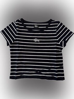 Stussy Black & White Striped Crop Tee Girls 10. Brand New.